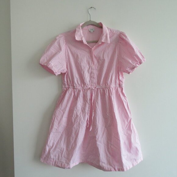 J. CREW Collared Puff Sleeve Mini Shirt Dress Striped Cotton Pink White Preppy - Picture 2 of 16